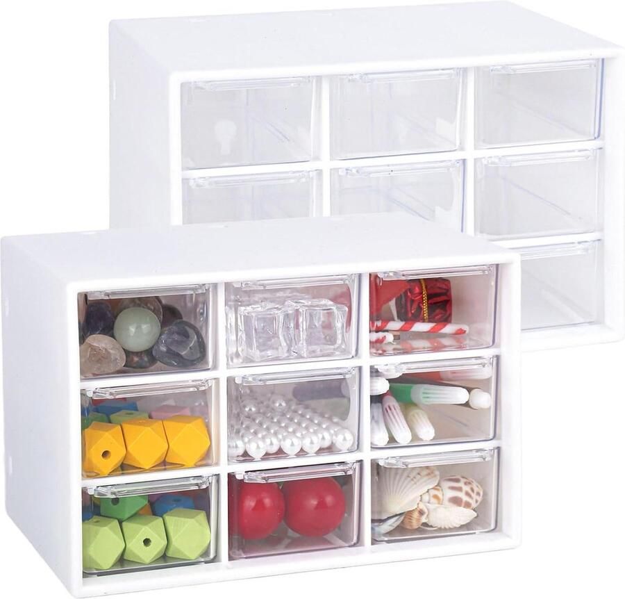 Allecto Plus Set van 2 knutseldozen opberglade sorteerdoos desktop lade-organizer met 9 laden mini uitneembare ladebox voor kantoorbenodigdheden en accessoires handig en overzichtelijk opbergen
