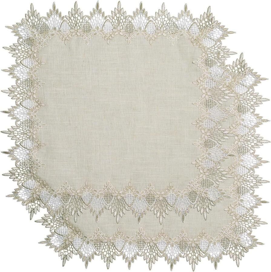 Allecto Plus Set van 2 linnen vierkante tafelkleedjes 60 x 60 cm beige met kanten rand Salontafel topper Tafeldecoratie voor eetkamer en keuken