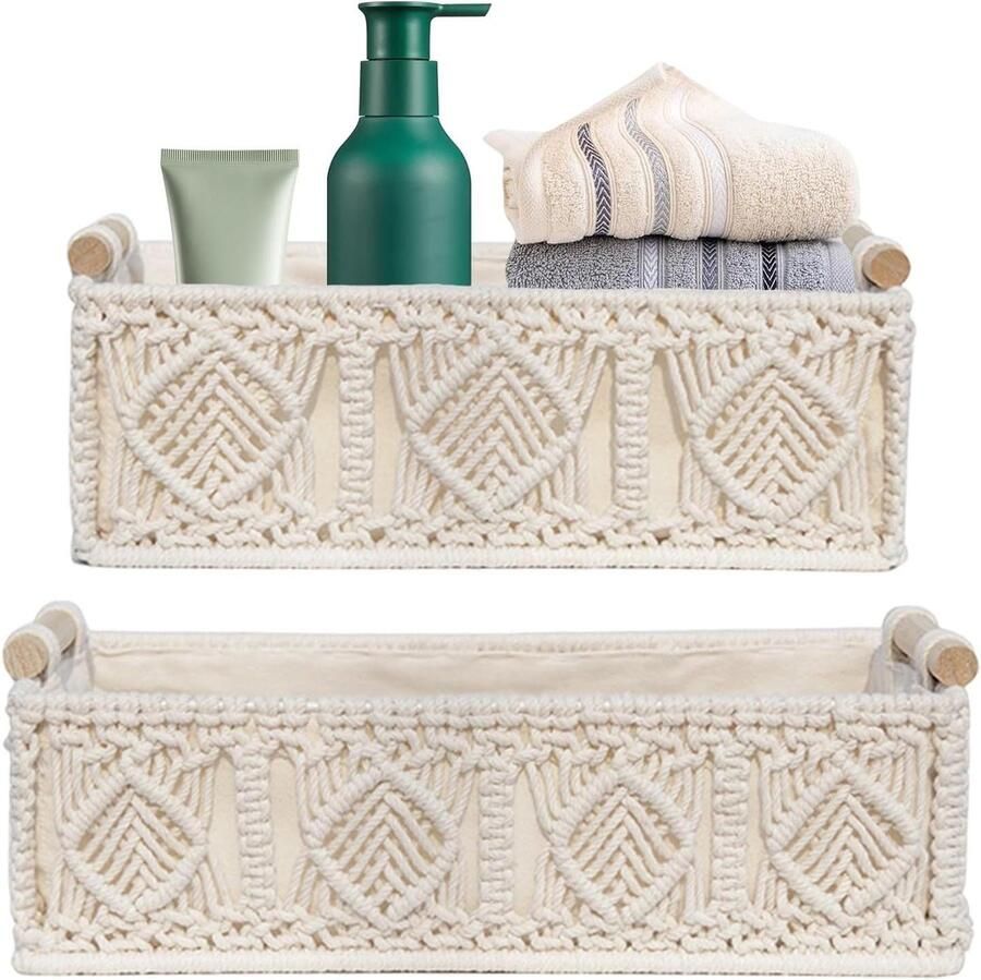 Allecto Plus Set van 2 macramé opbergmanden met houten handvat Boho stijl voor badkamer slaapkamer en kast