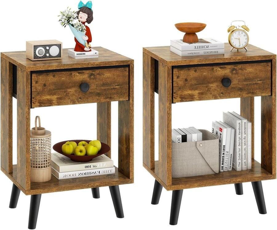 Allecto Plus Set van 2 Nachtkastjes Stoffen Lade Rustiek Bruin Slaapkamer Woonkamer Bijzettafel Houten Poten
