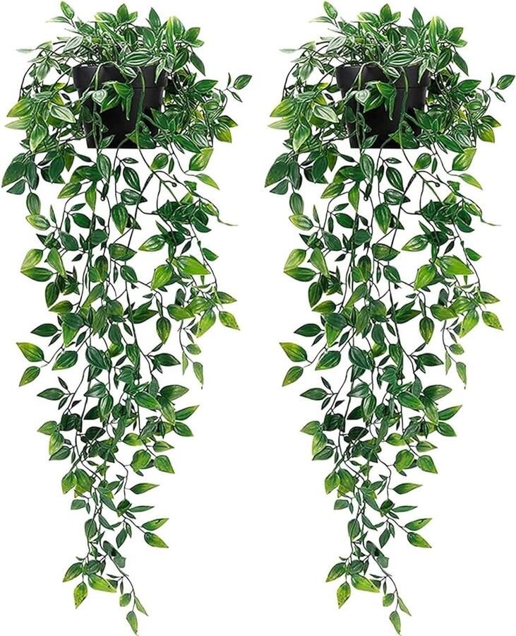 Allecto Plus Set van 2 Kunstplanten met Pot Kunst Hangplanten voor Binnen en Buiten Muurdecoratie Slaapkamer Woonkamer Tafel Tuin Kunstplanten voor Buiten en Binnen