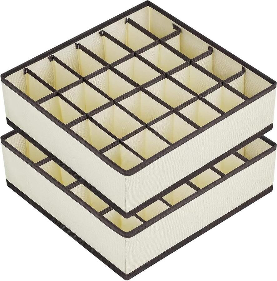 Allecto Plus Set van 2 Opbergdozen voor Ondergoed en Kleine Accessoires 24 Cellen Opvouwbare Ladeverdelers voor Sokken Sjaals en Beha's Beige