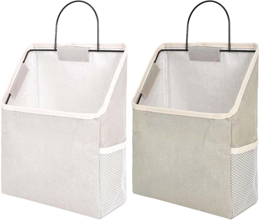 Allecto Premium Hangtas Wandopbergtas Grijs en Wit Linnen Set van 2 Hangend Wandmandje met Haak voor Entree Garderobe Kast Badkamer Stoffen Wandopberger met Metalen Frame