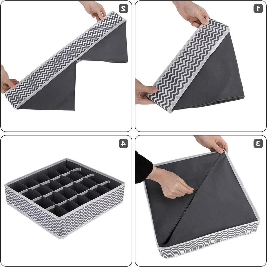 Allecto Plus Set van 2 Opvouwbare Lade Organizers met 24 Vakken voor Sokken Sjaals Ties Grijs Golvend Patroon