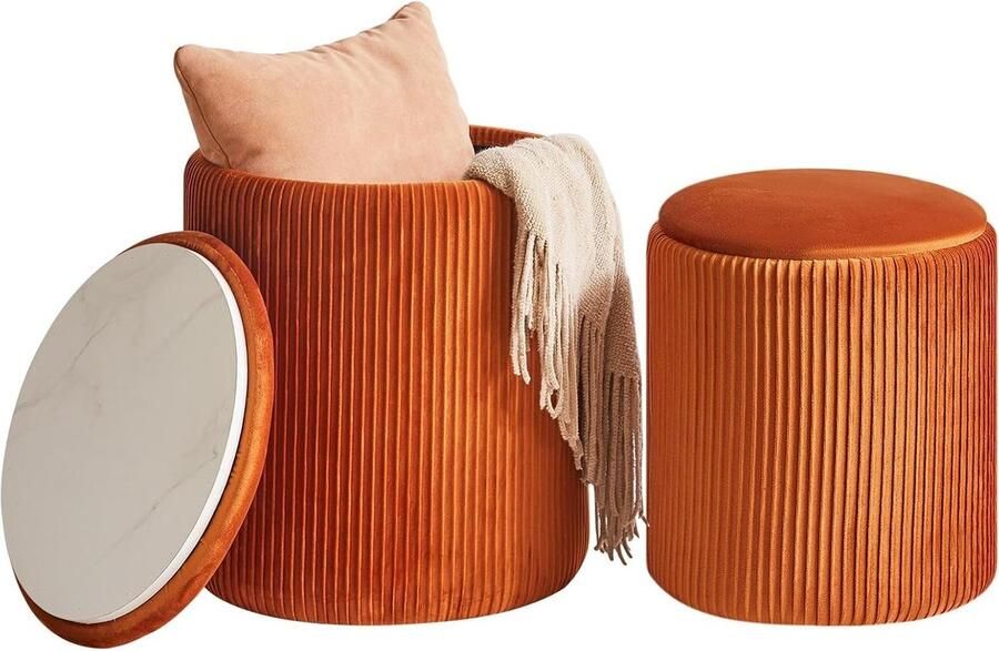Allecto Plus Set van 2 ronde Ottomaanse met opslag voor make-up in oranje Moderne salontafel voor woonkamer en slaapkamer met gewatteerde zitting Multifunctionele voetensteun kreuk