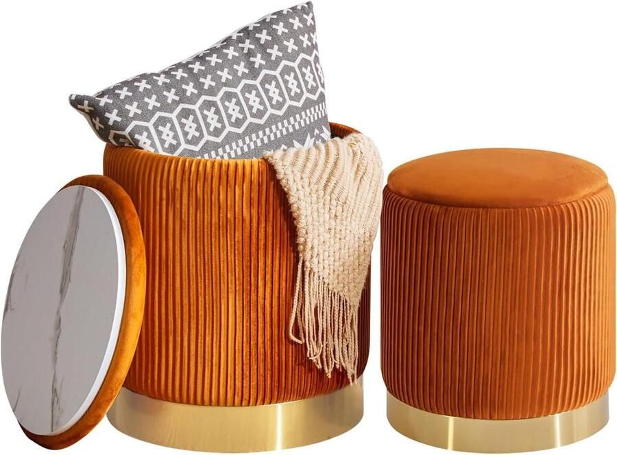 Allecto Plus Set van 2 ronde Ottomaanse stoelen met opslag en metalen ringvulling in fluwelen bekleding Moderne gevoerde salontafel Oranje WBD016J