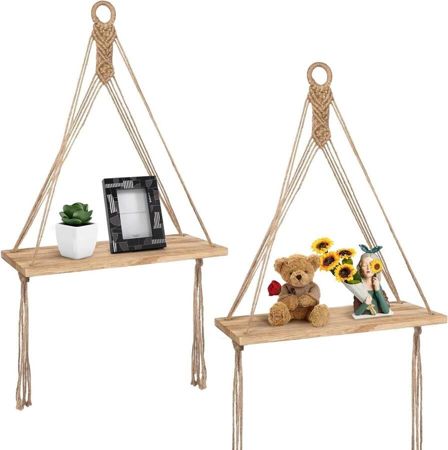 Allecto Plus Set van 2 Rustieke Opknoping Houten Planken met Touw Boho Muurdecoratie met Zwevende Planken Houten Muurdecor met Swing Touw