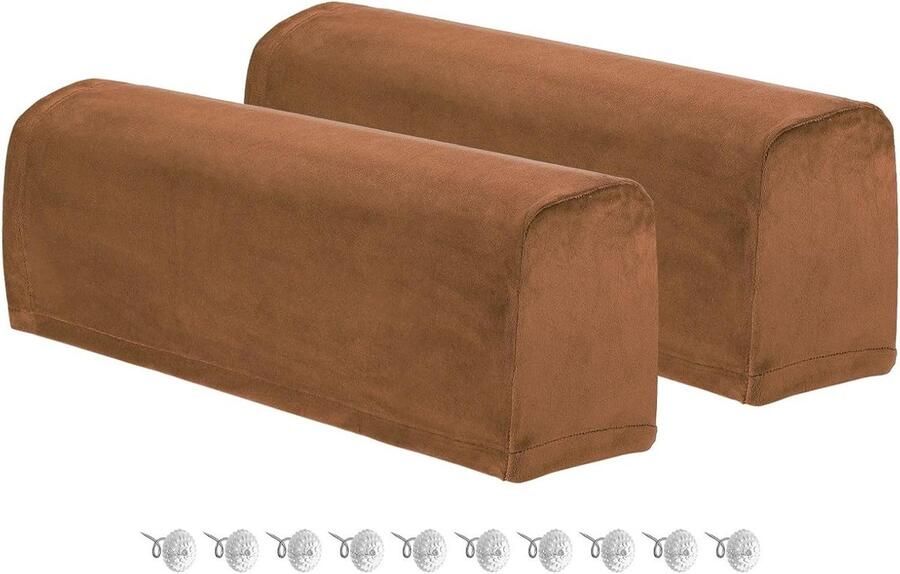 Allecto Plus Set van 2 stretch armleuninghoezen voor bank en stoel Polyester Antislip Stoelarmbeschermers Camel Bescherming tegen slijtage Woonaankleding