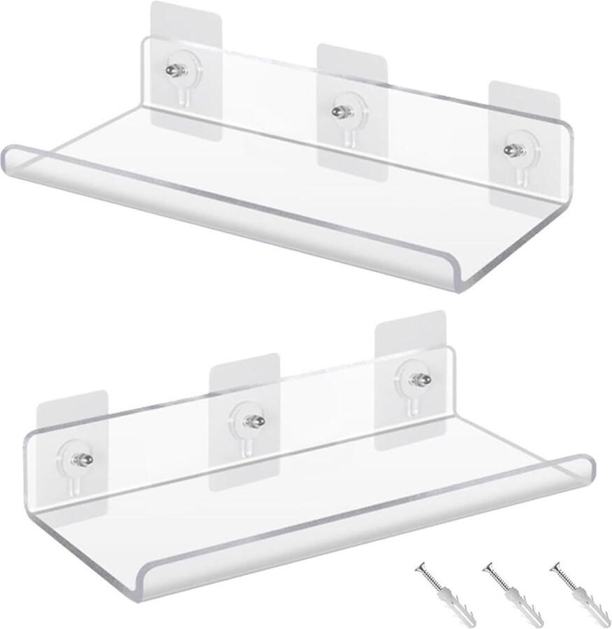 Allecto Plus Set van 2 Transparante Zwevende Wandplanken 30 x 10 cm Geen Boren Nodig Voor Slaapkamer Woonkamer Badkamer Keuken Kantoor