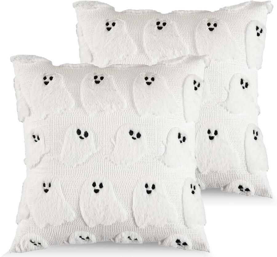Allecto Plus Set van 2 Witte Geest Halloween Kussenhoezen 45x45 voor Bank en Slaapkamer Pluche Kussenhoes voor Aesthetic Kamerversiering en Woonkamerdecoratie