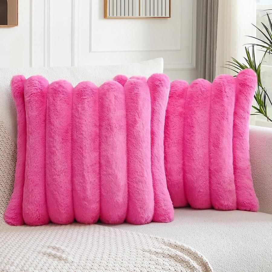 Allecto plus Set van 2 zachte pluche kussenhoezen voor bank en slaapkamer warmroze