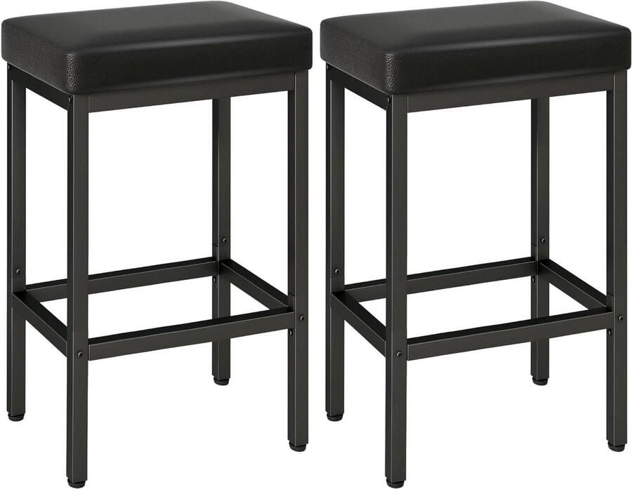 Allecto Plus Set van 2 zwarte barkrukken 66 cm Ontbijt barkrukken van PU leder Metalen basis Kussen Voor aanrecht eiland toonbank pub HBS513B