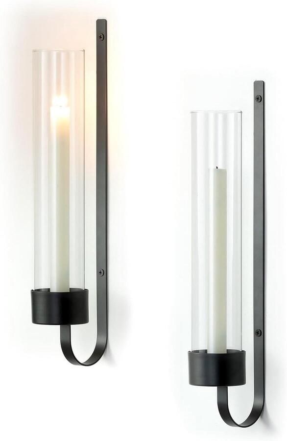 Allecto Plus Set van 2 Zwarte Metalen Wandkandelaars voor Moderne Woonkamer met Glazen Orkaan Wanddecoratie voor Eetkamer Slaapkamer Badkamer en Buiten