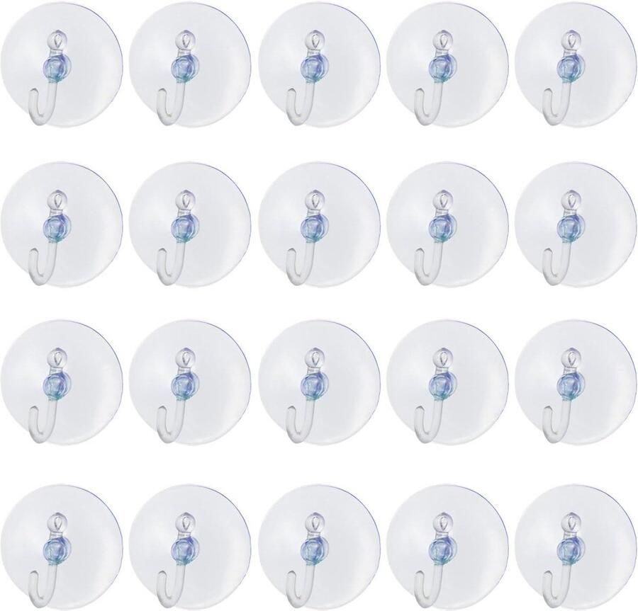 Allecto plus Set van 20 doorzichtige plastic zuignappen met metalen haken voor raamdecoratie en kasten