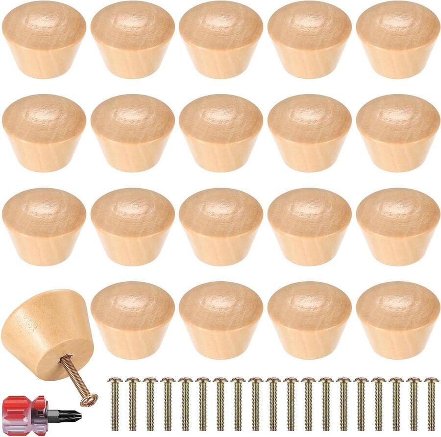 Allecto plus Set van 20 houten meubelknoppen voor kasten en laden Kastknoppen Ladeknop Houten handgrepen met schroeven 38 mm