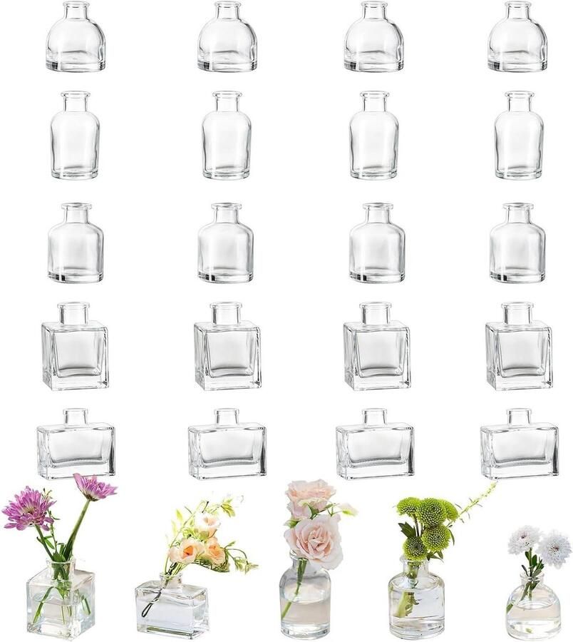 Allecto Plus Set van 20 kleine glazen vazen voor bloemen heldere bloemenvaas chique bud vases moderne mini vaas decoratie eettafel decoratieve vaas voor bruiloft tafelstukken