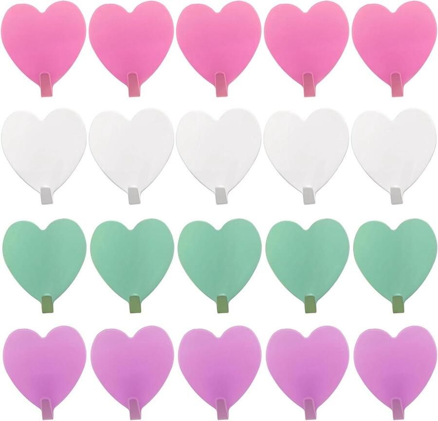 Allecto plus Set van 20 Waterdichte Hartvormige Haken Kleurrijk Kapstokhaak voor Keuken en Badkamer Zelfklevende Handdoekhouder Geschikt voor Toilet en Kantoor