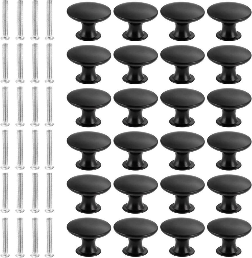 Allecto Plus Zwarte Meubelgrepen Set van 24 Stuks voor Kast & Kledingkast Vintage Ladeknoppen Keuken Ronde Meubelknoppen