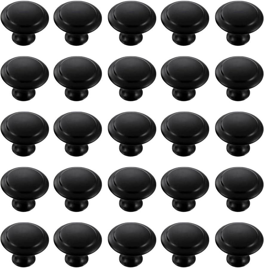 25-delige ronde kastknoppen trekt roestvrij staal zwarte deurknoppen paddestoel lade knoppen met montageschroeven voor meubels kasten badkamer (30 mm)