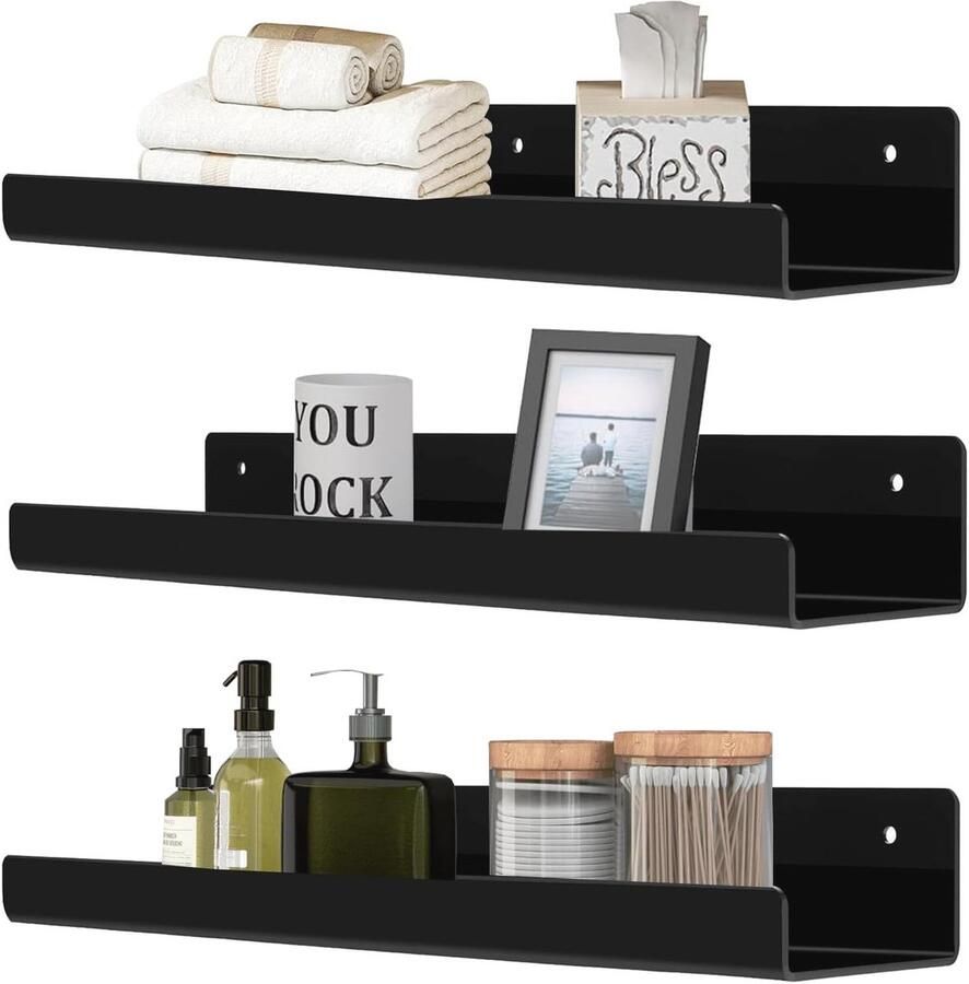 Allecto Plus Set van 3 acryl wandplanken 30 cm Badkamerplanken zonder boren Decoratie voor slaapkamer woonkamer keuken Zwart metaal Ruimtebesparend design