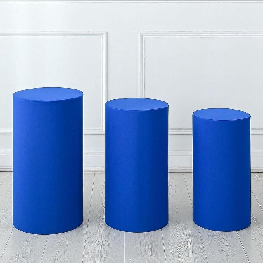 Allecto Plus Set van 3 blauwe cilinder spandex staande afdekkingen voor feestdecoratie bruiloft en verjaardagsthema met elastische stof
