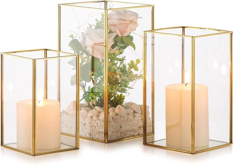 Allecto plus Set van 3 Decoratieve Kaarsenlantaarns van Gehard Glas voor Buiten Goudkleurig Voor Bruiloft Kerstmis Halloween Woonkamer & Home Decoratie Tafel- en Haardaccessoire