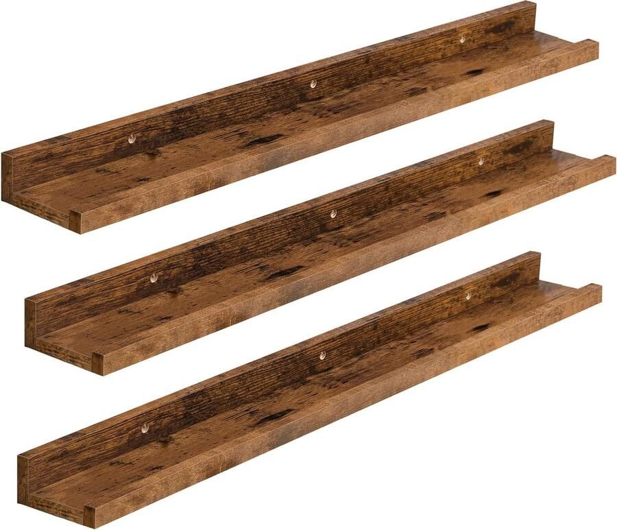Allecto Plus Set van 3 Drijvende Planken Wandplank met Verhoogde Rand Onzichtbare Beugels Rustiek Bruin Voor Badkamer Slaapkamer Keuken Kantoor en Woonkamerdecoratie