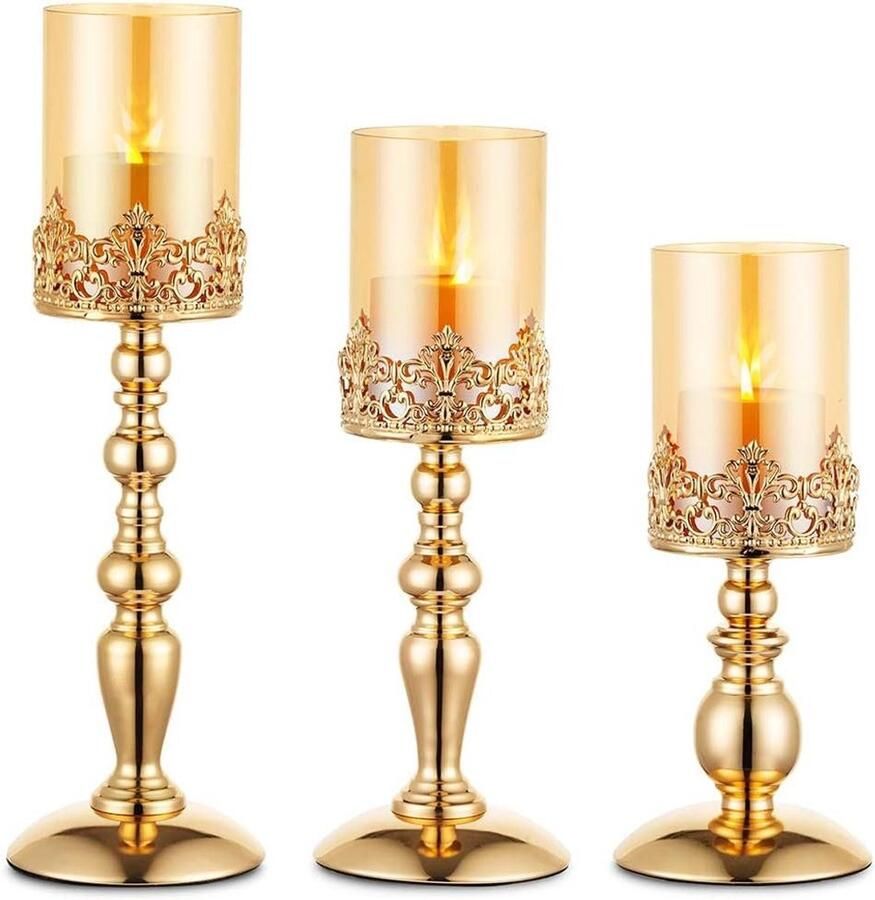 Allecto Plus Set van 3 gouden pijler kandelaars met glas Moderne woondecoratie voor huwelijksverjaardag en housewarming Kaarslicht houder voor feestelijke tafel centerpieces