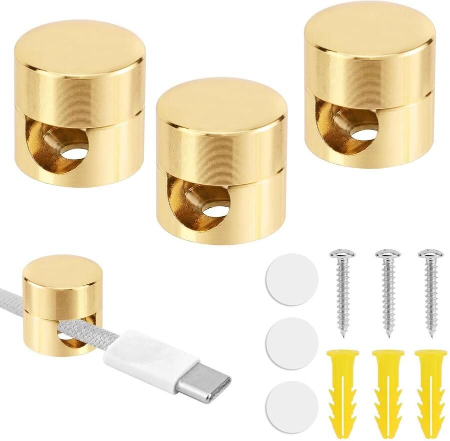 Allecto plus Set van 3 Goudkleurige Kabelankers voor Bureau Telefoonopladers Kabelbeheerclips Aluminium Draadorganizer Kantoor Thuis Desktop Wandnachtkastje