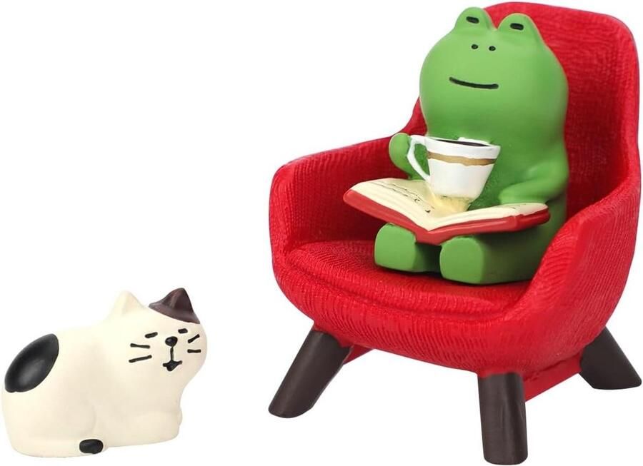 Allecto plus Set van 3 Grappige Miniatuur Kikker- en Kattenbeeldjes Decoratieve Miniatuurfiguren voor Kikker- en Kattenliefhebbers Leuke Kattenfiguren met Bankje Ideaal als Bureau- of Plankdecoratie