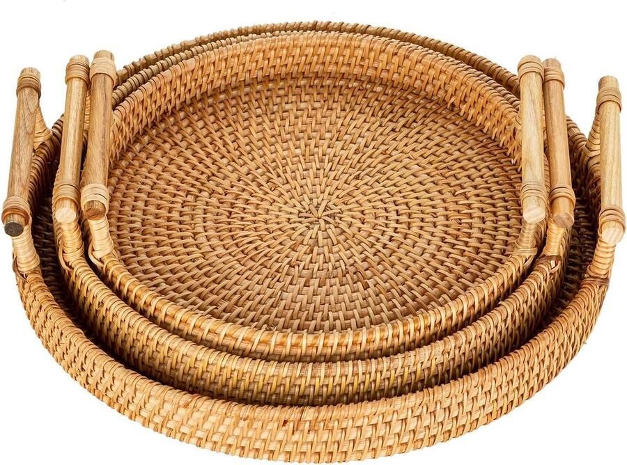 Allecto Plus Set van 3 handgeweven rieten dienbladen voor ontbijt en snacks Rustiek decoratief dienblad met handgrepen Salontafel decoratie Bar accessoire Dinerfeest benodigdheden