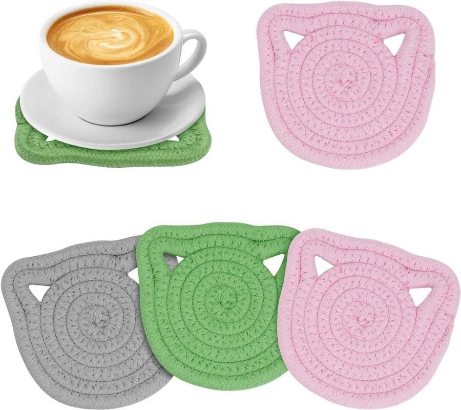 Allecto Plus Set van 3 katoenen kattenonderzetters voor salontafel Absorberende theeonderzetter met kattenliefhebbers designeters met kattenliefhebbers design