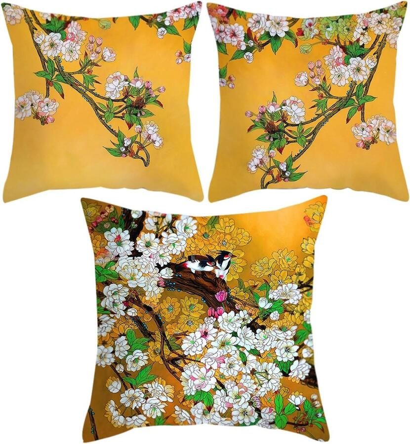 Allecto Plus 3-delige set kussenslopen bank 45 x 45 cm met bloemenpatroon geel Decoratie voor thuis