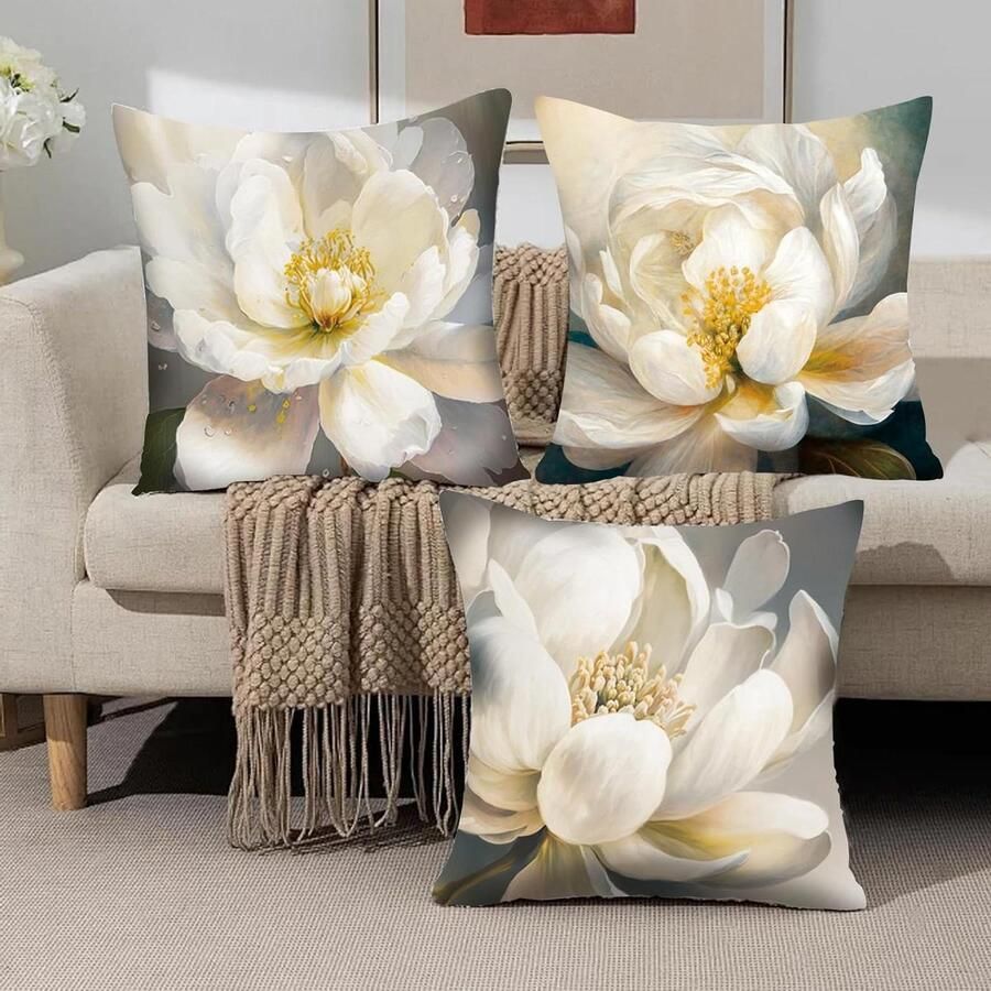 Allecto Plus Set van 3 kussenslopen met bloemenpatroon voor bank 45 x 45 cm Wit Decoratieve kussenslopen Thuisdecoratie