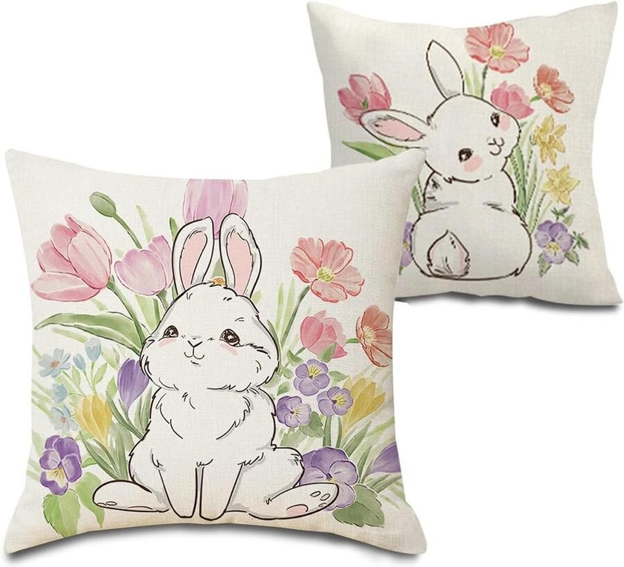 Allecto Plus 3 stuks kussenslopen voor bank 45 x 45 cm bloemenpatroon paasdecoratie bankkussens wit