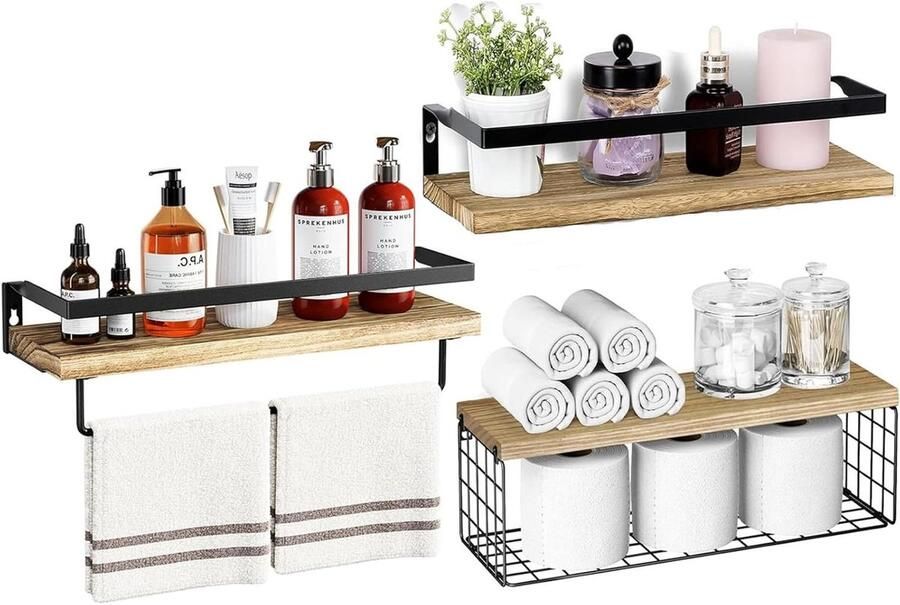 Allecto Plus Set van 3 wandrekken voor badkamer en keuken houten rek met handdoekhouder geschikt voor woonkamer en kantoor