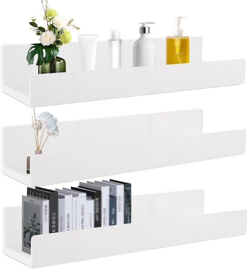 Allecto Plus Set van 3 witte mini zwevende wandplanken Kunststof Draadgat 23 x 9 cm Voor slaapkamer kantoor woonkamer Zonder boren