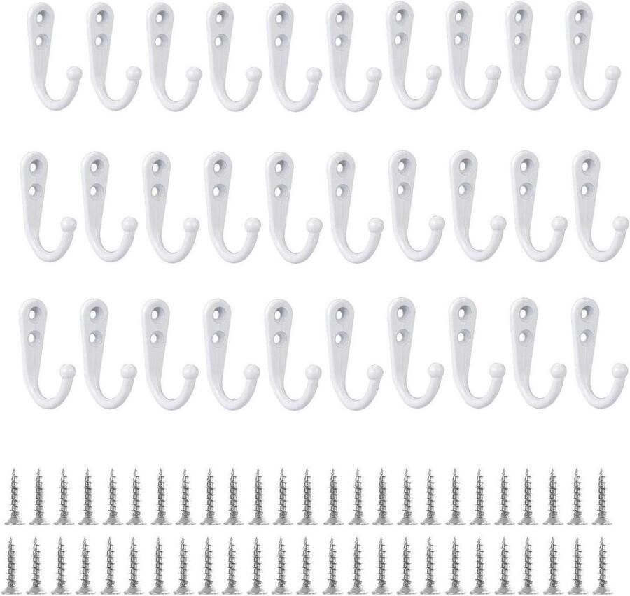 Allecto Plus Set van 30 witte metalen wandhaken met schroeven Kapstokhaken voor kleding mokken gereedschap en handdoeken