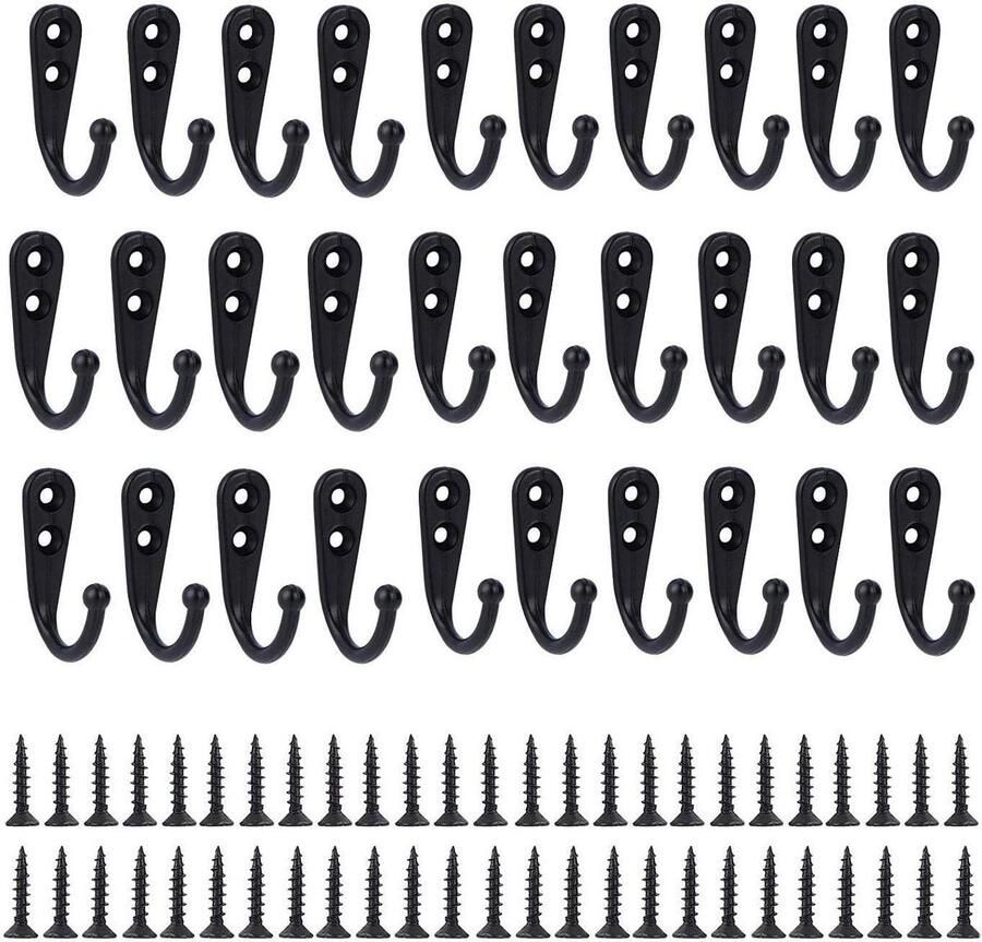 Allecto plus Set van 30 zwarte metalen wandhaken inclusief schroeven Kapstokhaken voor kleding mokken en handdoeken