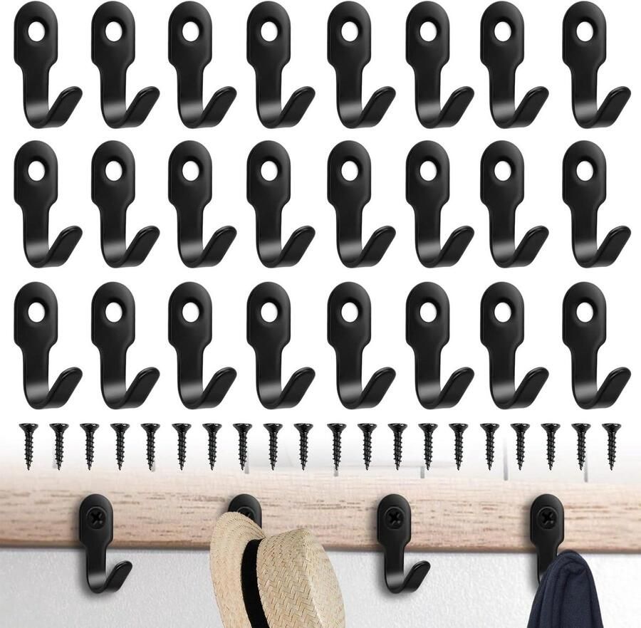 Allecto Plus Set van 30 Zwarte Schroefhaken voor Garderobe van 28 mm Roestvrijstalen Jashaken inclusief Schroeven Sleutelhaken voor Slaapkamer Woonkamer en Keuken