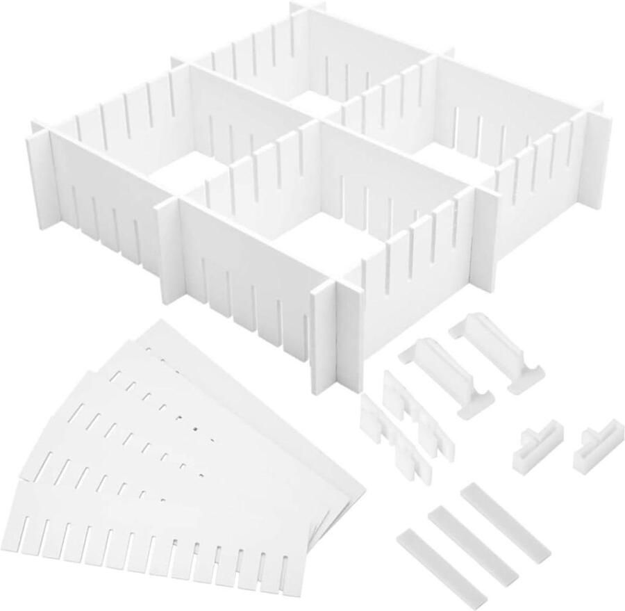Allecto Plus Set van 34 flexibele ladeverdelers voor commode Wit organizer rooster voor ladekast Voor ondergoed en vuilnisbak Kunststof ladewand verdelers