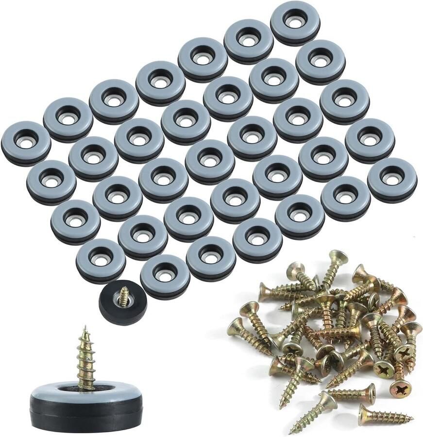 Allecto Plus Set van 36 teflon meubelglijders Ø 22 mm met roestvrijstalen schroeven Meubelglijderset voor stoelen en stoelpoten Vloerglijders om te schroeven