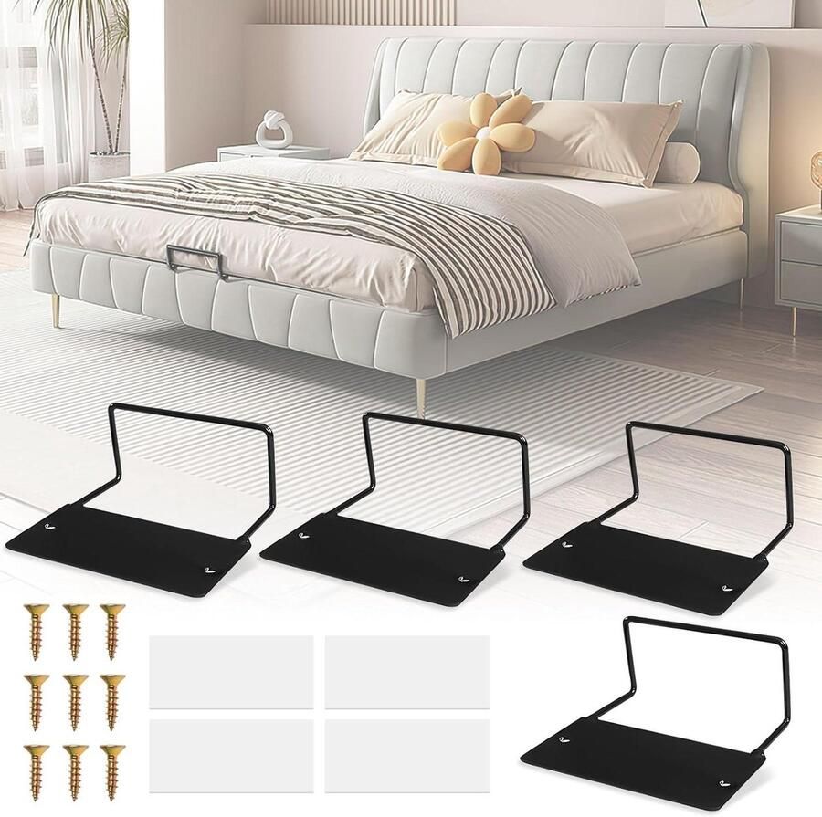 Allecto Plus Set van 4 matrashouders ter voorkoming van wegglijden Matrasbeugels voor bedframes Anti-slip matrashouders Bevestiging op bedplanken Zwart