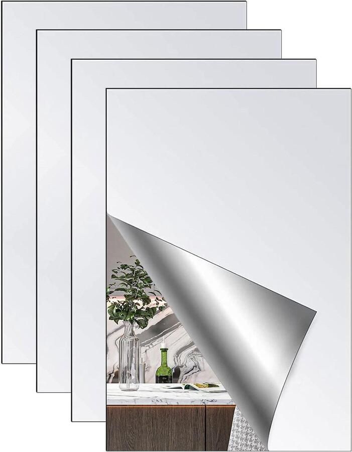 Allecto plus Set van 4 decoratieve spiegel muurstickers 30 x 20 cm Zelfklevende spiegelfolie voor kasten woonkamer badkamer slaapkamer