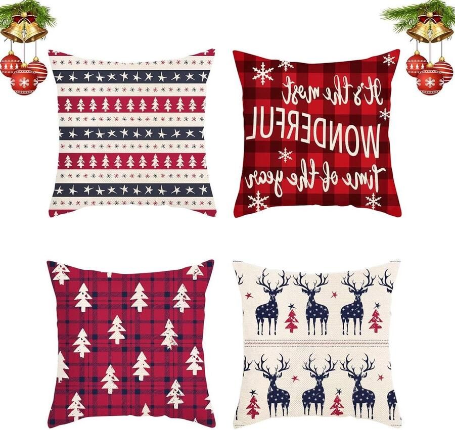 Allecto Plus Set van 4 fluwelen kussenslopen 45 x 45 cm Kerstdecoratie voor bank en slaapkamer Hertenboom Decoratieve woonkamerkussens Trekkussenovertrek