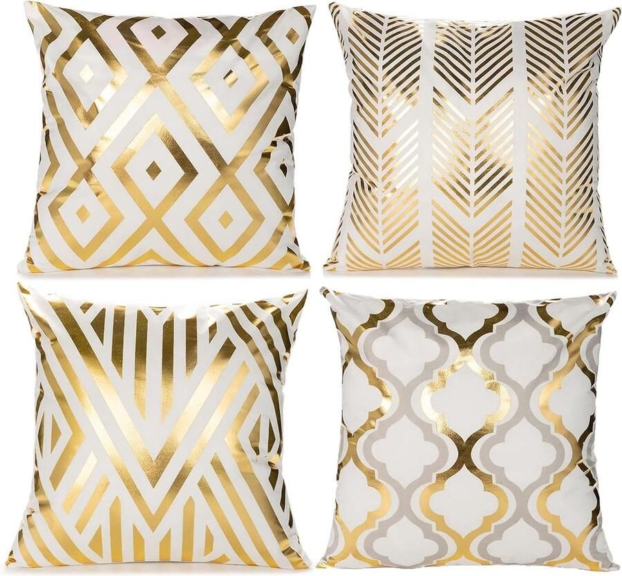 Allecto Plus Set van 4 fluwelen kussenslopen 45 x 45 cm voor bank en slaapkamer Decoratieve kussenhoezen Dubbelzijdig Woonkamer decoratie Wit & goud