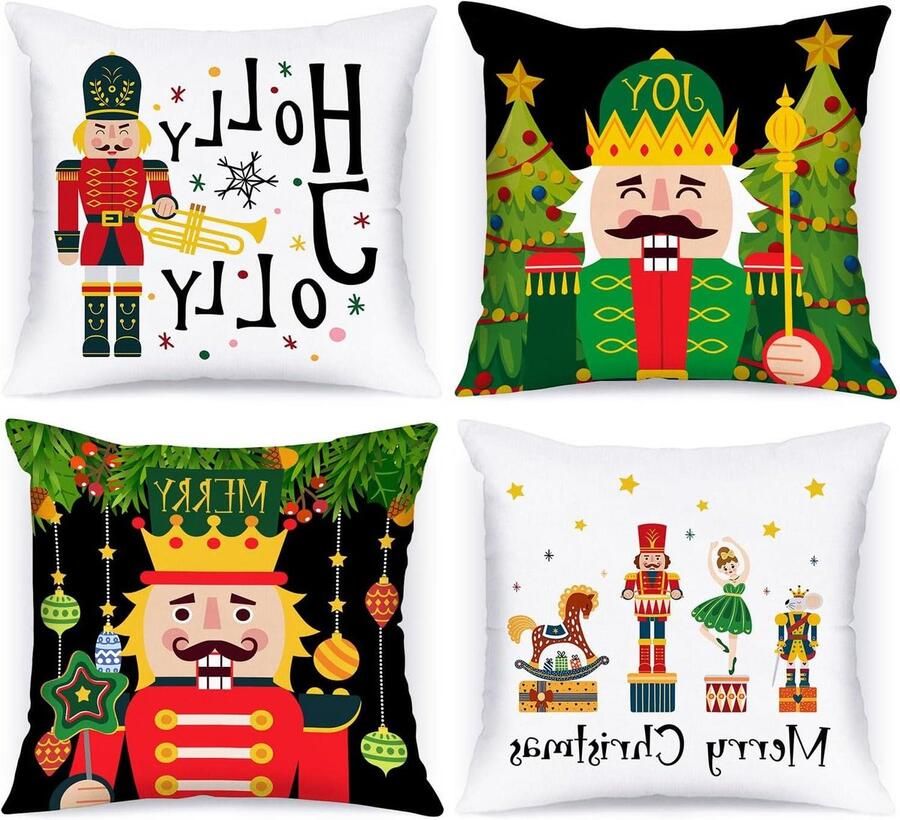 Allecto Plus Set van 4 groene notenkraker kerst kussenhoezen 50x50 Decoratieve vakantie sierkussenhoezen voor bank en slaapkamer bos thema