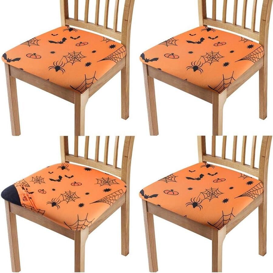 Allecto plus Set van 4 Halloween stoelhoezen met pompoen vleermuis en spinnenwebmotief Verwijderbare wasbare hoezen Oranje polyester Stoelbeschermer voor keuken thuiskantoor en feesten