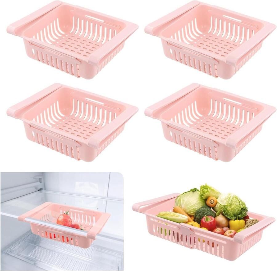 Allecto Plus Set van 4 intrekbare laden voor koelkastorganisatie met verstelbare opbergbakken geschikt voor keukenkasten en vriezers
