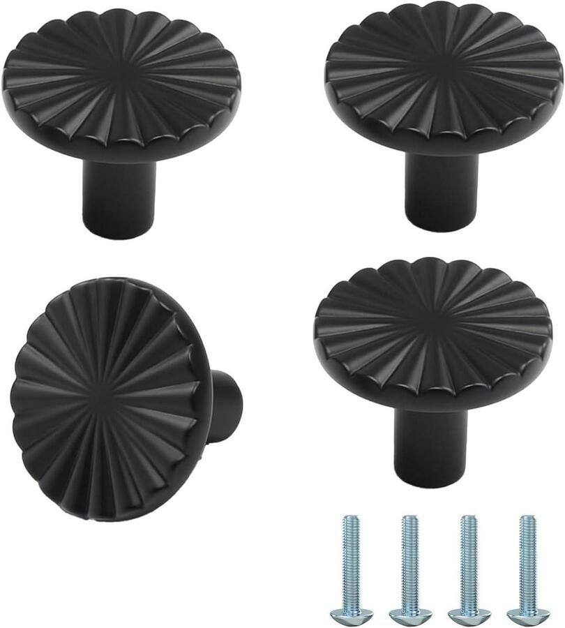 Allecto Plus Set van 4 kastknoppen voor keuken en lade Ronde handgreep met één gat Zinklegering meubelknoppen Inclusief schroeven Geschikt voor commodes en kisten Zwart